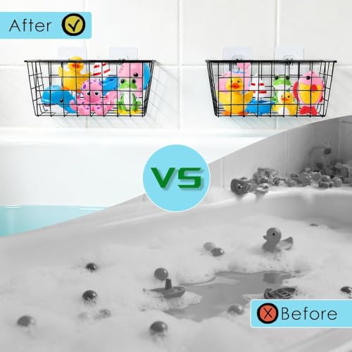 Hanging Metal Bath Toy Storage Basket with Adhesive Hooks - 2 Pack