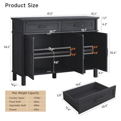 48-Inch Farmhouse Buffet Cabinet - Wood Sideboard with 2 Drawers & 3 Doors