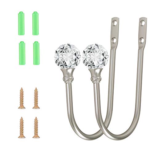 Metal Curtain Holdbacks with Crystal Ball, 2-Pack Heavy Duty Wall Hooks
