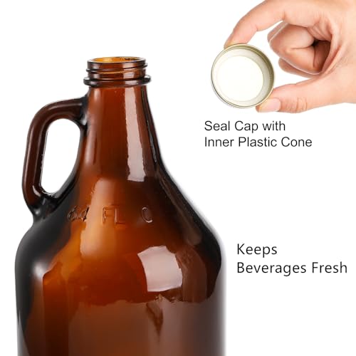 64 oz Amber Glass Growler Jugs with Lids - 3 Pack for Home Brewing & Storage