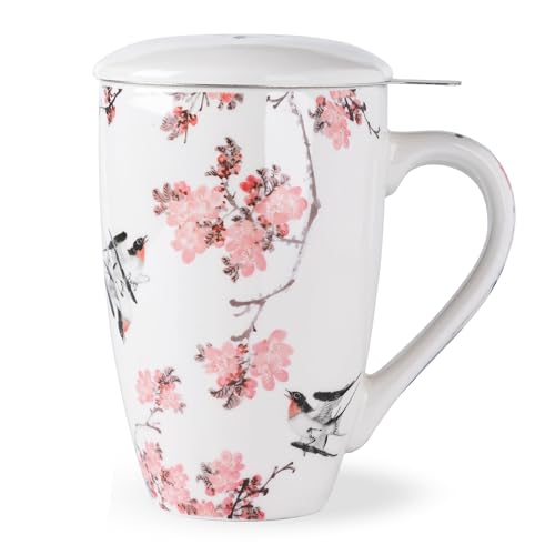 AmorArc Peach Blossom 18oz Ceramic Tea Mug with Infuser & Lid, Loose Leaf Steeper