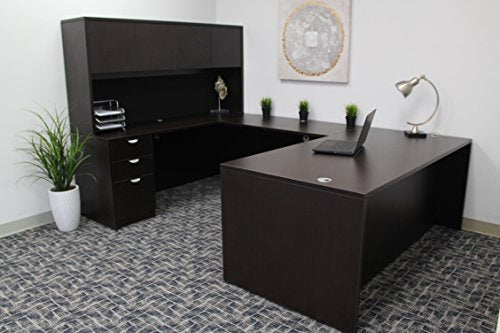 71-Inch Executive U-Shape Desk with Hutch and File Storage - Mocha Wood