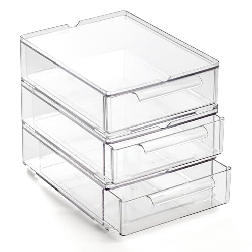 Small 3 Pack Clear Stackable Storage Drawers with Handles - Modular Plastic Organizer