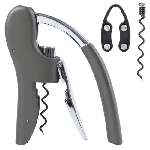 KAYCROWN Gray Stainless Steel Lever Wine Bottle Opener with Foil Cutter & Extra Spiral