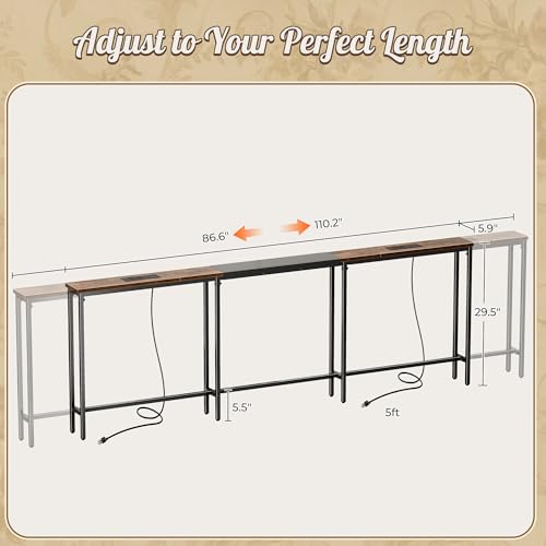 Adjustable Length Sofa Table with Power Outlets and USB Ports