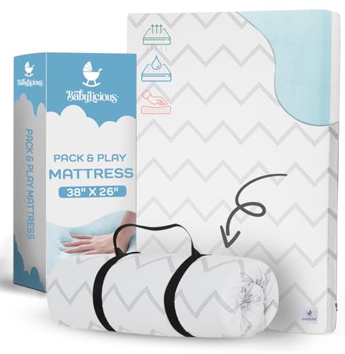 Waterproof Pack and Play Mattress Pad - 38" x 26" Roll Up Memory Foam Topper
