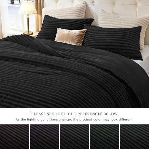 Fluffy Queen Comforter Set - 3 Piece Soft Faux Fur Stripe Bedding Set