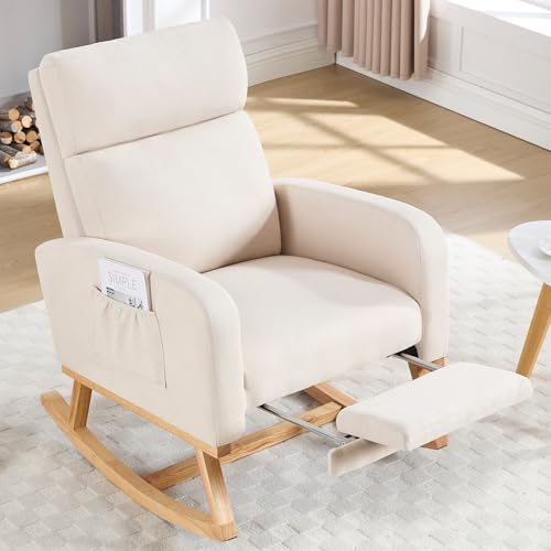 Nursery Rocking Chair with Retractable Footrest and High Backrest, Beige