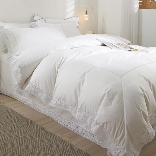 100% Cotton White Duvet Cover with Lace Trim - 90x90 Inches