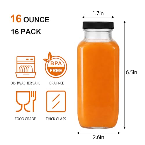 16 Pack 16 oz Glass Juice Bottles with Lids, Reusable Containers for Juicing