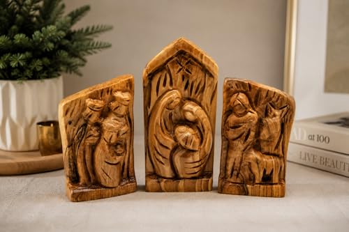 Olive Wood Nativity Set 3 Piece Hand Carved Religious Christmas Decor