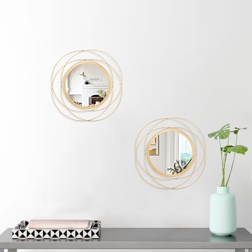 12-Inch Round Gold Wall Mirror Set - Decorative Iron Frame Wall Art (2 Pack)