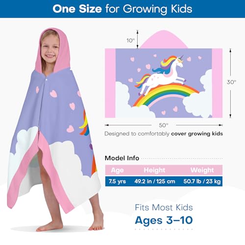 Kids Hooded Beach Towel - 100% Soft Cotton Bath Wrap with Snaps (50" x 30")