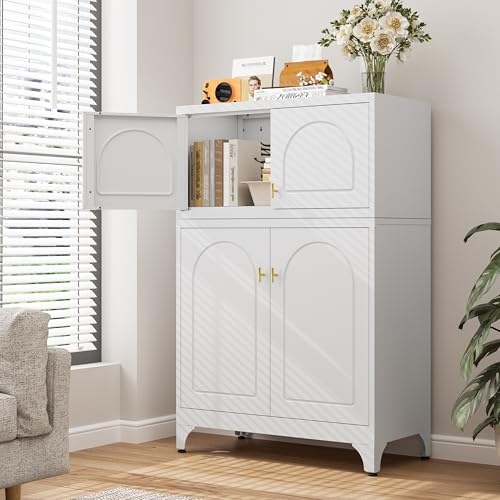 32" White Metal Wall Cabinet with 2 Doors & Gold Handle - Industrial Storage