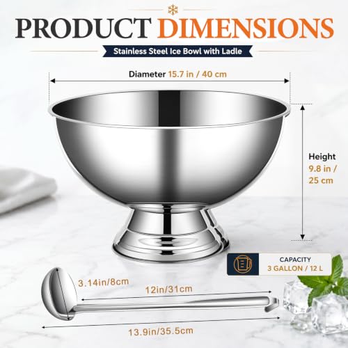 3-Gallon Stainless Steel Punch Bowl with Ladle and Footed Base