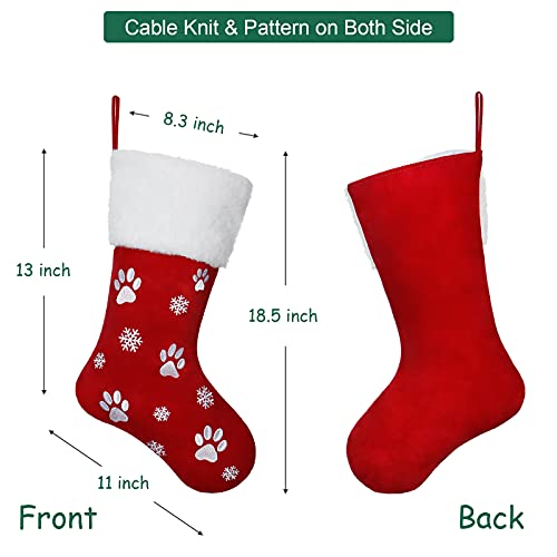 2Pcs Christmas Stockings Velvet Red & Green with Snowflake Paw Embroidery, 18in