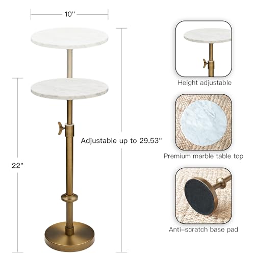 Adjustable 10-Inch White Marble Drink Table with Antique Brass Pedestal