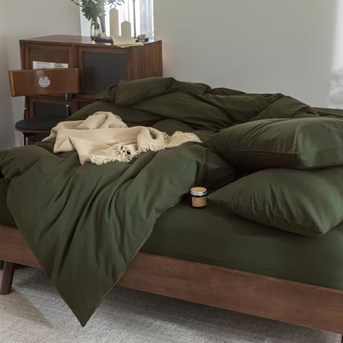100% Washed Cotton Queen Duvet Cover Set - Soft Linen Feel Bedding, Olive Green