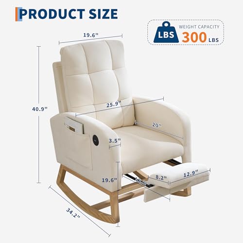 Modern Nursery Rocking Chair with Glider, Footrest, and USB Port - Beige
