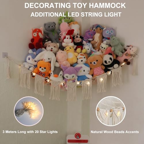 Large Macrame Stuffed Animal Hammock with LED Lights, Boho Toy Organizer