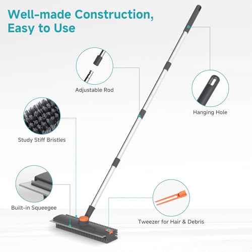 3-in-1 Floor Scrub Brush with Long Adjustable Handle and Squeegee