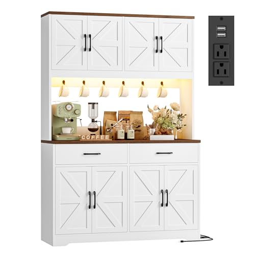 71" Tall Farmhouse Pantry Cabinet with Charging Station & LED Lights