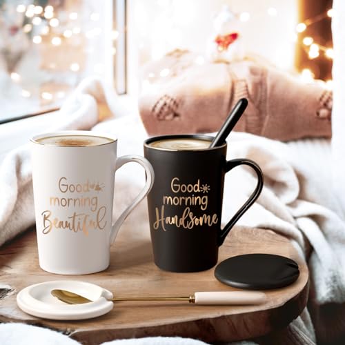 YHRJWN Black & White Good Morning Beautiful & Handsome Mugs, His & Hers 14 Oz Coffee Set (2) Christmas