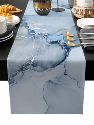 Marble Table Runner 72 Inch Blue & Grey Farmhouse Decor Burlap Cotton