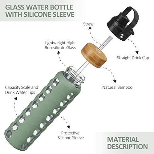 32oz Glass Water Bottle with Time Marker, Silicone Sleeve & Two Lids