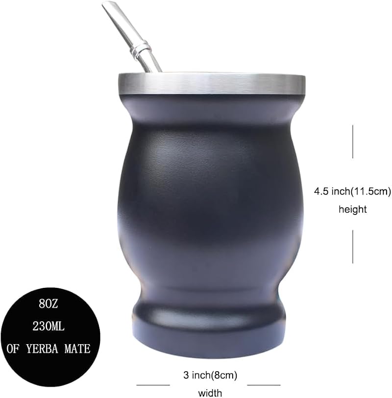 Beruth Black 8oz Stainless Steel Yerba Mate Cup Set with Bombillas & Brush
