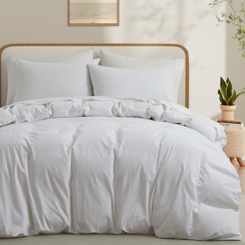 100% Washed Cotton Queen Duvet Cover Set - 3-Piece Soft Breathable Bedding