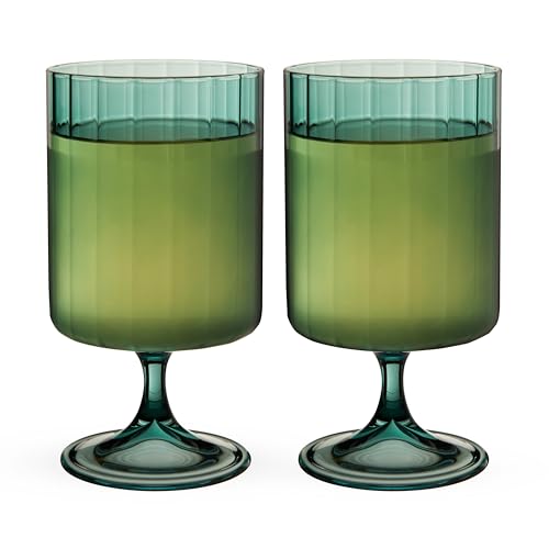 Ribbed Malachite Green Stemmed Goblets, 12 oz Vintage Glassware Set of 2