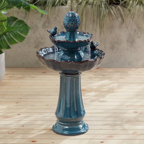 28-Inch Turquoise Ceramic 2-Tier Outdoor Fountain with Bird Statuettes