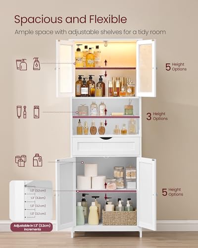 Freestanding Storage Cabinet with LED Lights and Adjustable Shelves, White