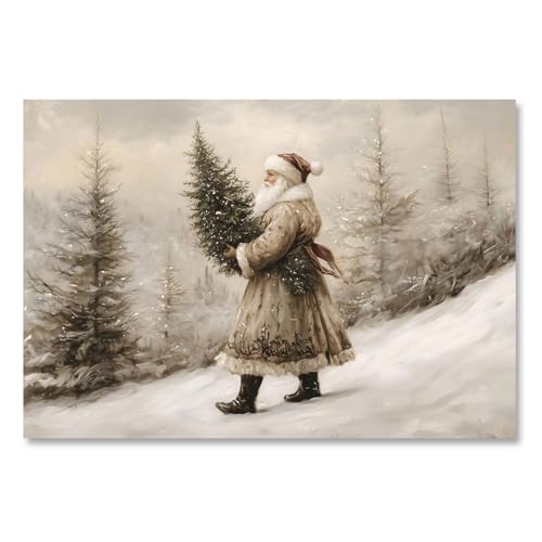 Vintage Santa Claus Prints 8x12 Unframed – Snowy Forest Rustic Holiday Poster, Style-5