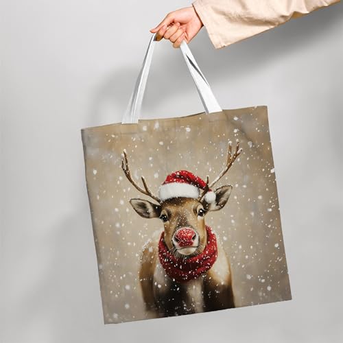 Reindeer Christmas Canvas Tote Bag for Women Holiday Gift Shopping & Travel