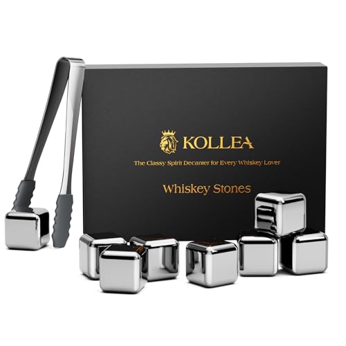 Kollea 8-Pack Stainless Steel Whiskey Stones Set with Tongs & Freezer Tray, Silver - Reusable Chilling Rocks Gift