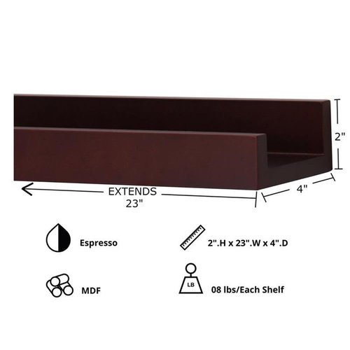 Kiera Grace Set of Four Edge Simple & Classic Decorative Engineered Wood Floating Wall-Mounted Picture Frame Shelves for Home, Room, & Office, 23" L x 4" W x 2" H, Brown