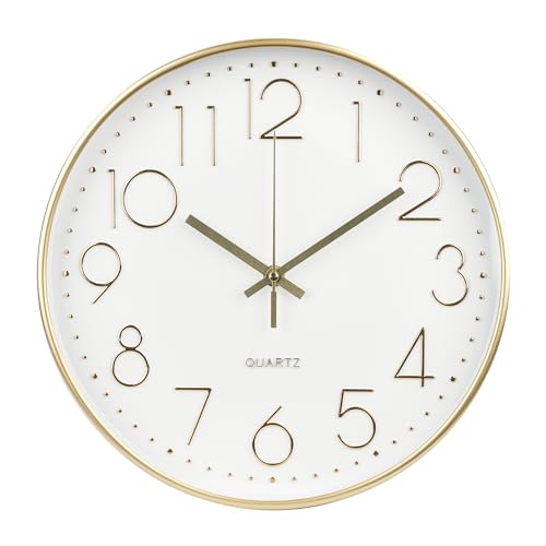 12-Inch Silent Quartz Wall Clock - Modern Round Decor with Gold 3D Dial