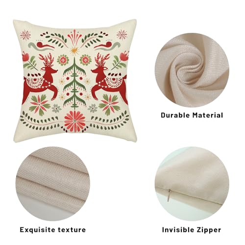 DAFENA 18x18 Inch Red Green Deer & Christmas Tree Holiday Throw Pillow Covers - Pack of 2