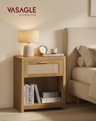 Set of 2 Boho Nightstands with Rattan-Look Drawer and Open Compartment