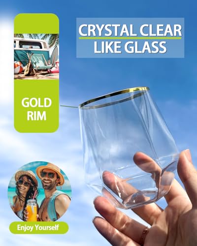 40 Pack 12oz Gold Rimmed Stemless Plastic Wine Glasses, Disposable Cups