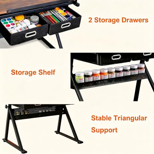 Height Adjustable Drafting Table with Stool, Tilting Art Desk with Drawers