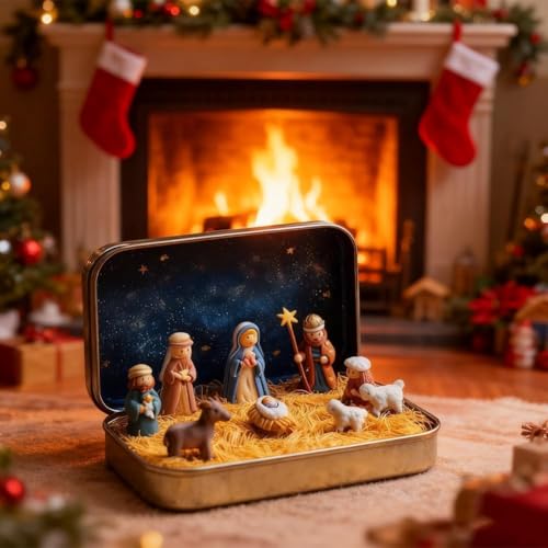 Mini Christmas Nativity Set in Tin Box - Handcrafted Pocket Scene