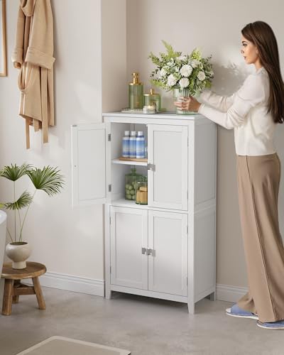Freestanding Bathroom Floor Storage Cabinet with 4 Doors, Adjustable Shelves