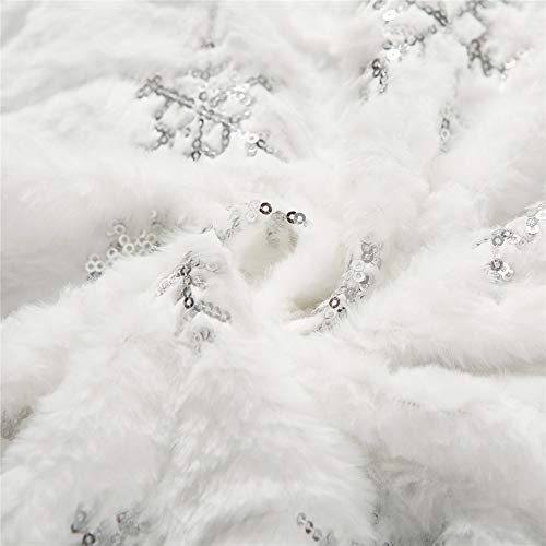White Plush Christmas Tree Skirt 30 Inch with Silver Sequin Snowflakes