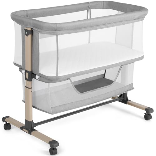 Adjustable Bedside Bassinet Sleeper with Breathable Mesh, Wheels & Storage