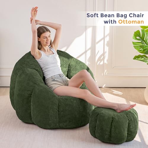 Oversized Bean Bag Chair with Ottoman, Pumpkin Lounge Chair in Green