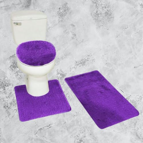 3-Piece Chenille Bath Rug Set with Non-Slip Backing - Purple