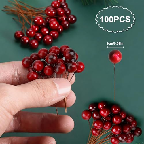 100 Pack Artificial Holly Berries - Mini Wine Red Christmas Decor